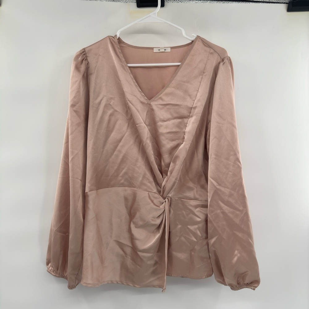 Pleione Top Blouse Shirt Women Size L Shinny Mauve Satin V Neck Long Sleeve